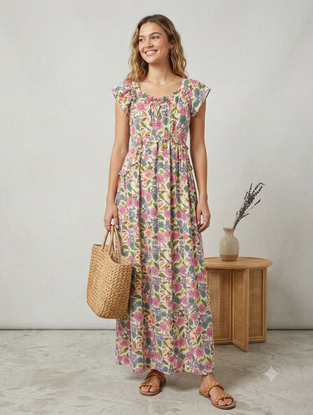 Garden Ruffle Shoulder Maxi Dress